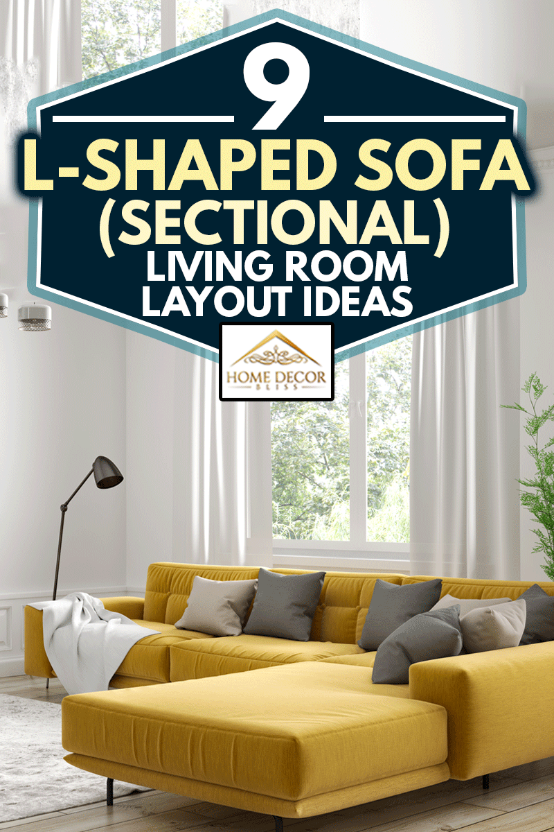 Design d'intérieur moderne d'un appartement scandinave, salon avec canapé jaune, buffet et fauteuil noir, 9 idées d'aménagement de salon avec canapé en forme de L (sectionnel)