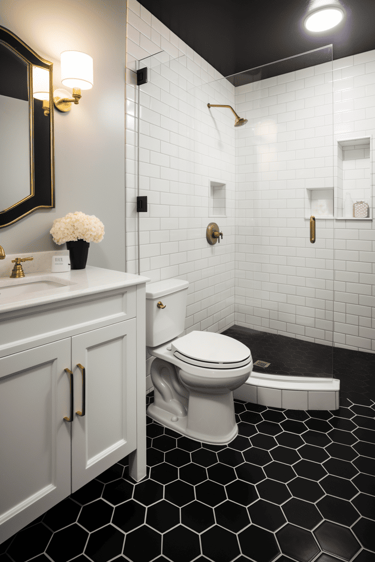 A bathroom with bold, luxurious black honeycomb floor tile paired with crisp, white subway tile for the shower and partial walls.