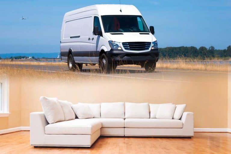 Collage of sectional sofa and a cargo van on the road, Can A Sectional Fit In A Pickup Truck Or Cargo Van?