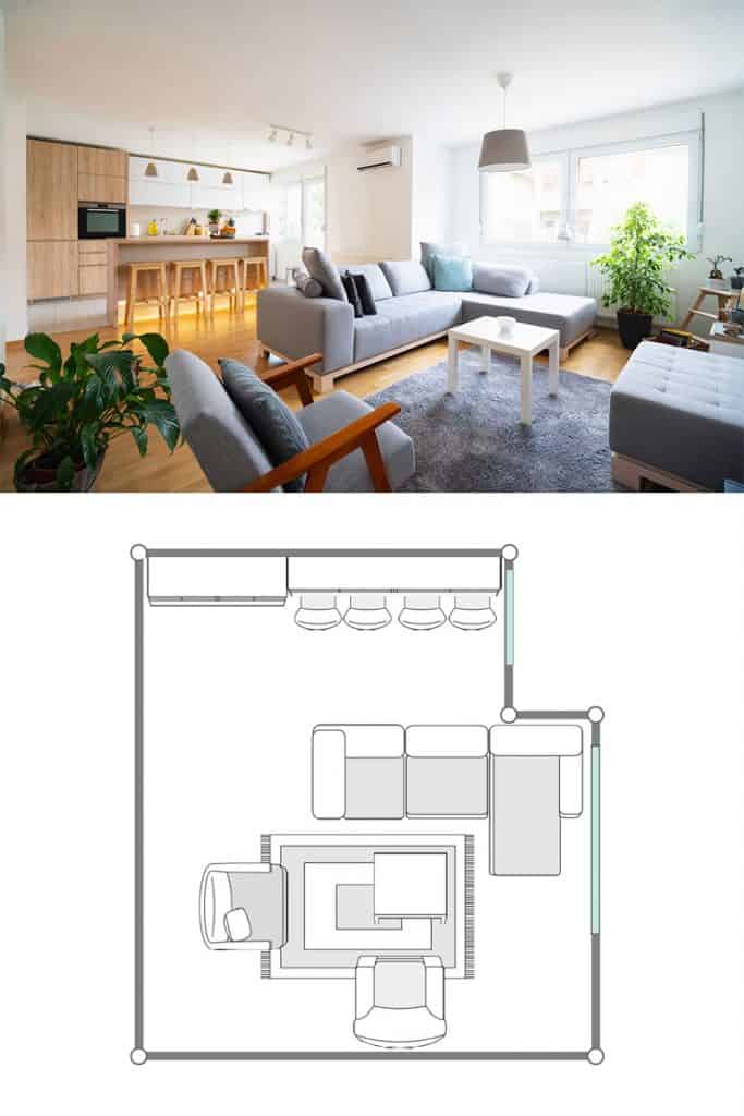 Un magnifique salon moderne avec des canapés gris, un tapis gris et un sol stratifié en bois