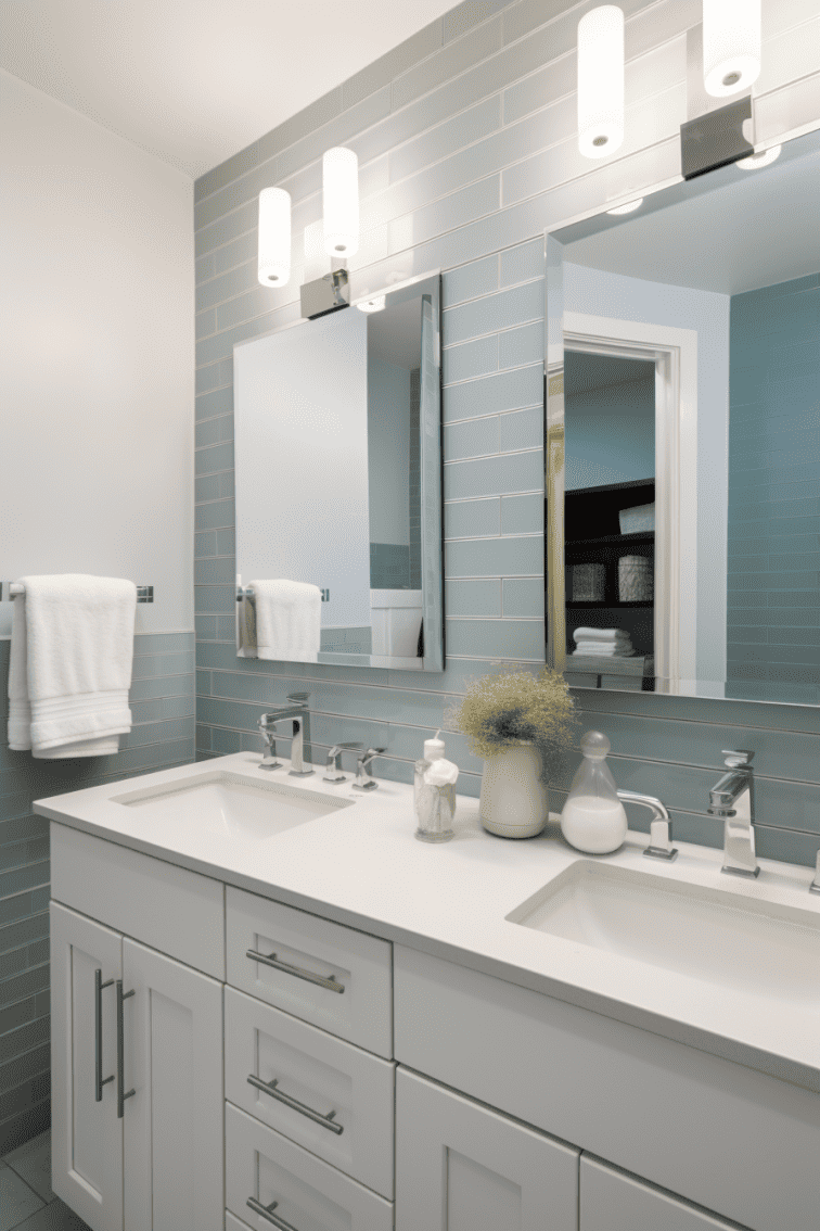 
A hyperrealistic bathroom with a double sink, featuring a shale blue-gray subway tile backsplash, white counters, modern wall sconces, and reflective mirrors