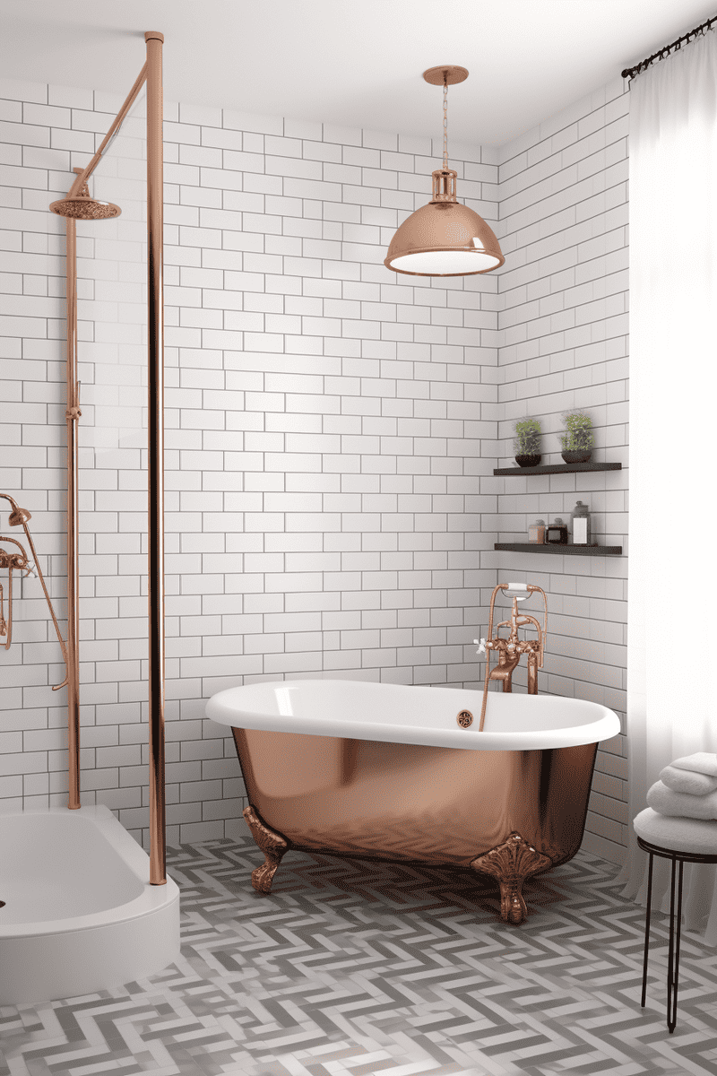 A hyperrealistic bathroom with elegant white subway tile walls, contrasting ornate floor tiles, and a luxurious sitting bathtub