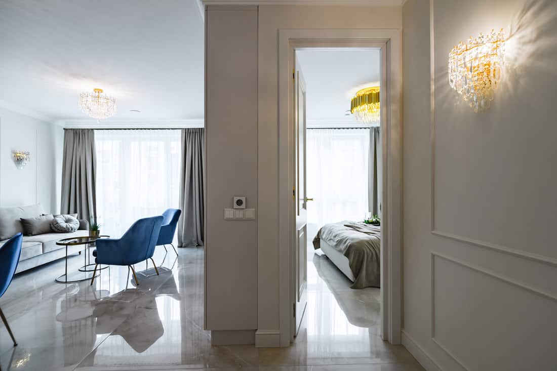 A modern classic apartment living room and open door to bedroom, How Wide Is A Typical Bedroom Door