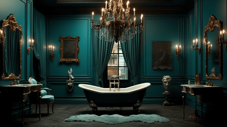 A photo of a hyperrealistic bathroom with brilliantly hued teal walls, stark furnishings, and an elegant chandelier.