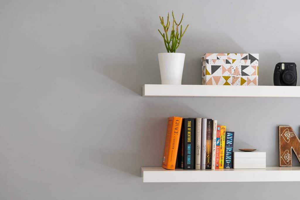 A section of two white painted modern bookshelves with books, a plant and a decorative storage box