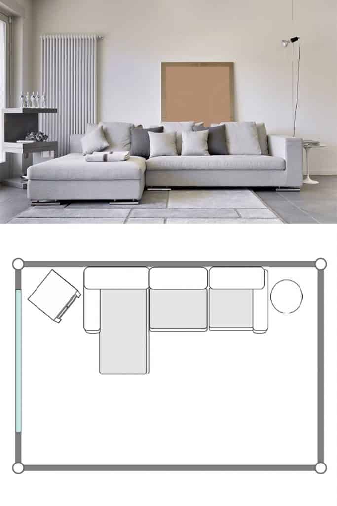 A sectional gray sofa on a white painted contemporary living room