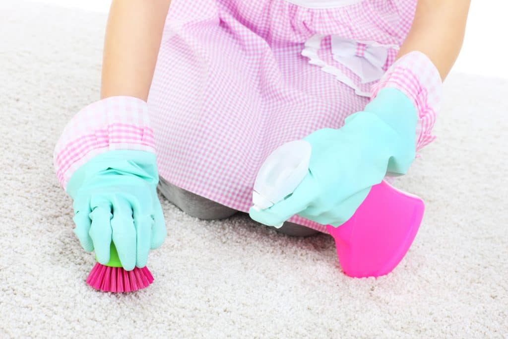 A woman using a small brush to remove stain on her carpet