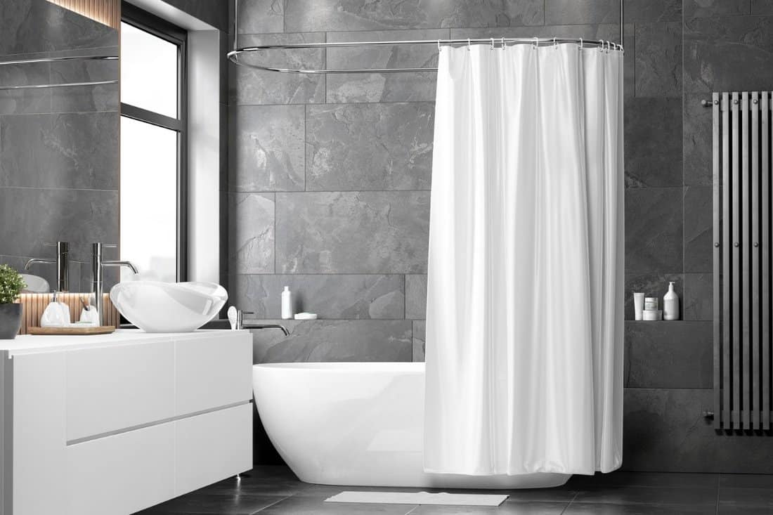 Blank white half open shower curtain mockup, front view, 3d rendering. Empty shade cover for curai in bathroom mock up. Clear indoor apartment with waterproof slip screen template.