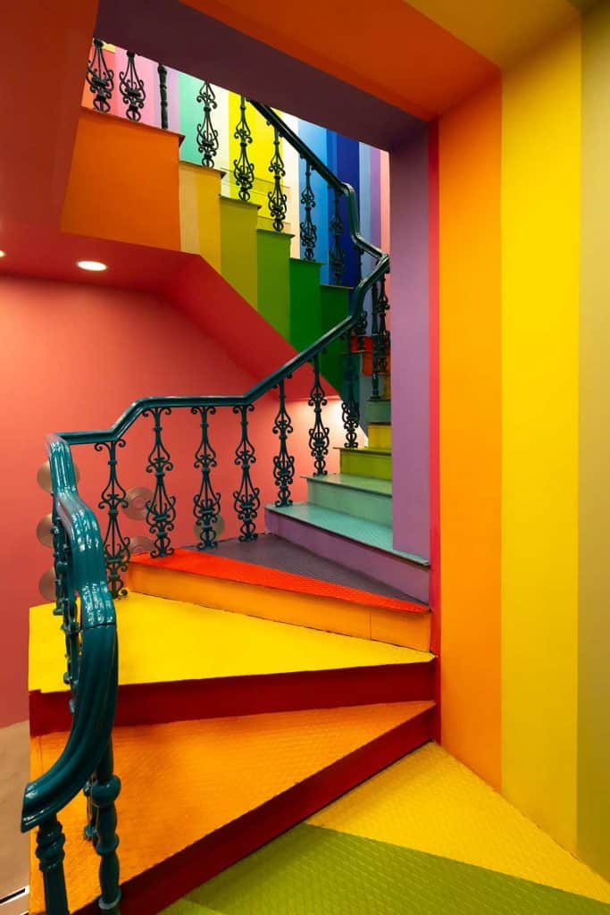 Bright colorful flight of stairs in a public building