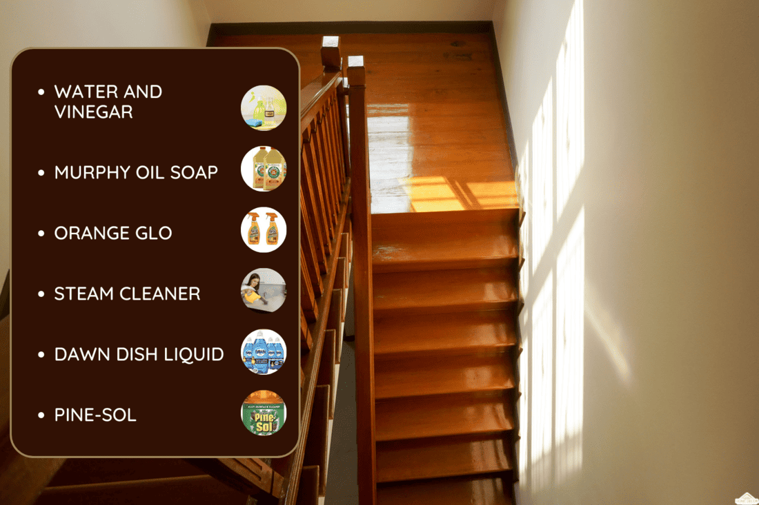 Brown wooden stair interior decorated modern style of residential house,Wooden stairs in the house, looking down, How To Clean Wood Stair Railings And Banisters