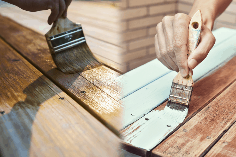 Collage of two different person staining and painting an outdoor wooden table, Staining Vs. Painting for Outdoor Wooden Surfaces
