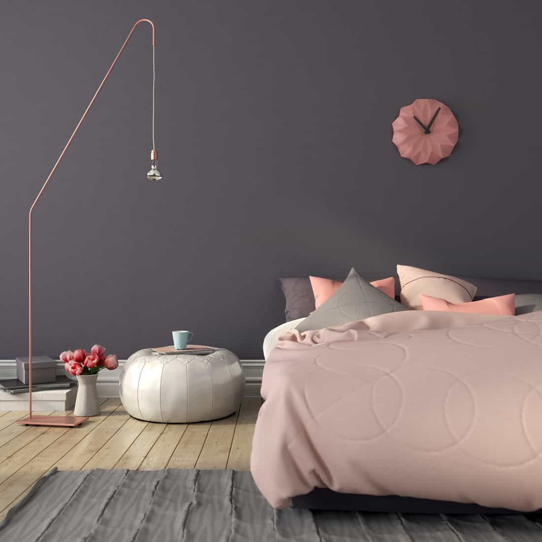 Cozy bedroom in pink and gray color with a stylish copper floor lamp in a gray wall bedroom