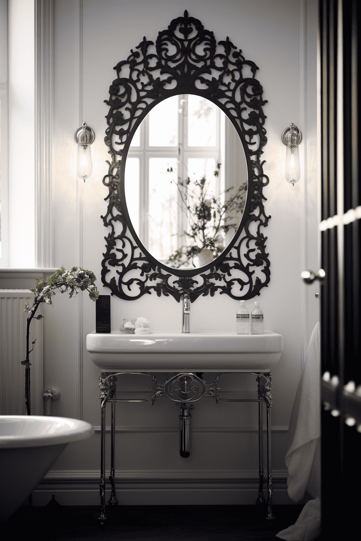 Create a hyperrealistic bathroom scene with filigree mirror, hooks, and subtle gothic decorations in a plain white room. 