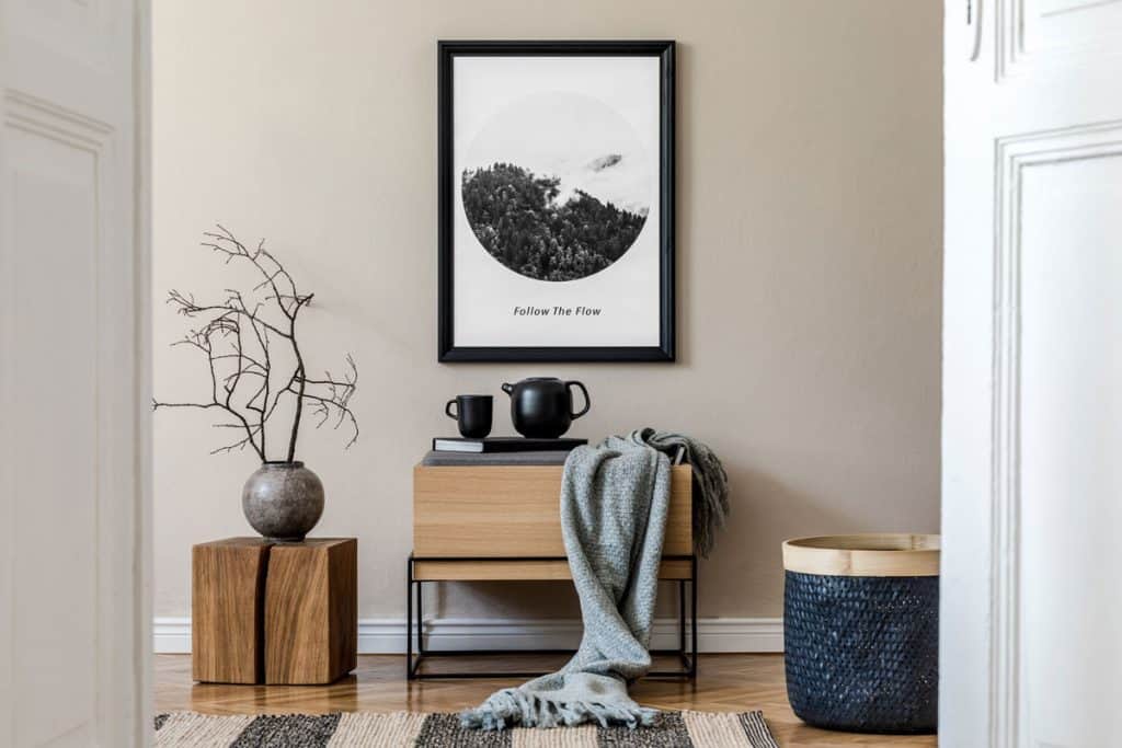 Dark oak furnitures inside a minimalist themed living room