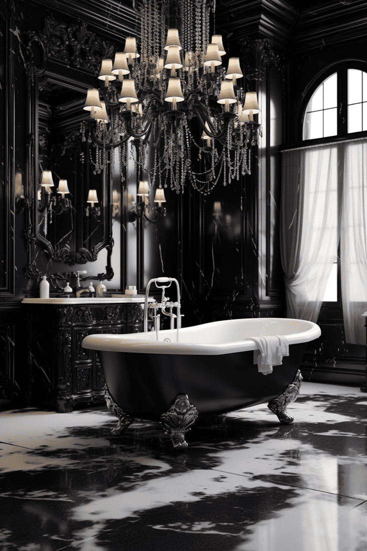 a hyperrealistic bathroom with white marble floor, a chandelier, candelabra, dark furnishings, and plush walls