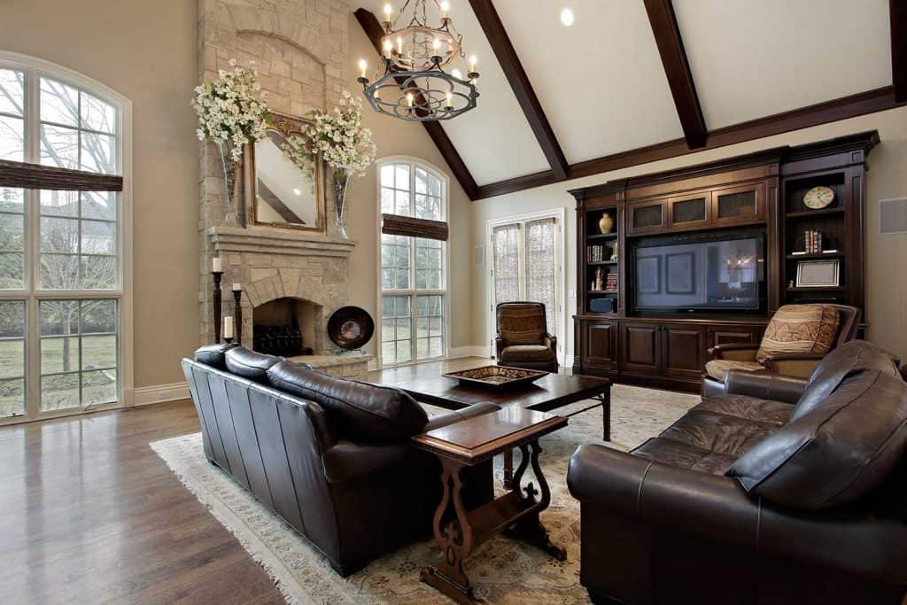 Family room with stone brick fireplace
