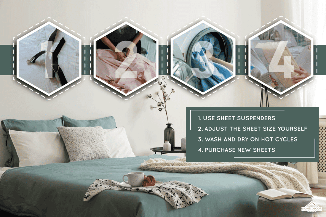 Bedroom interior with sage green and white sheets and cushions and a blanket, Fitted Sheet Too Big? [4 Solutions To Your Problem]