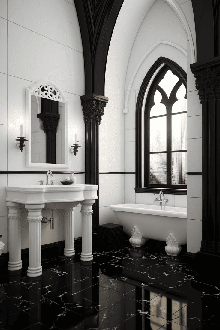 hyperrealistic black and white bathroom with stunning tile work, a unique arched mirror, and simple furnishings
