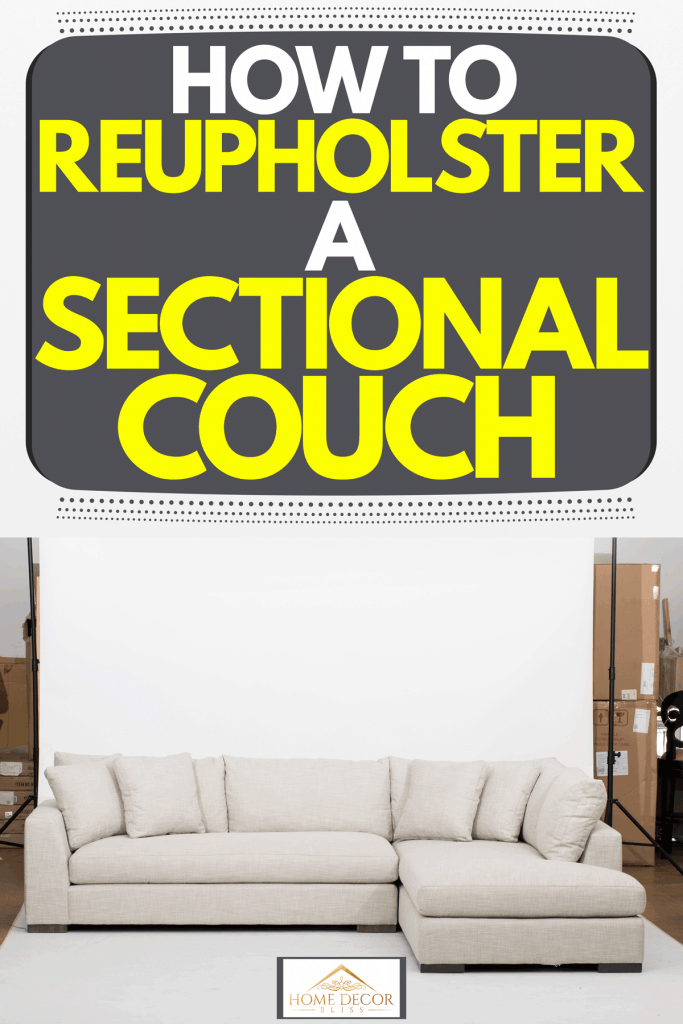 An off-white sectional sofa with a white screen on the background, How To Reupholster A Sectional Couch