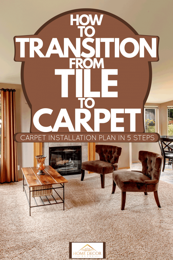 A gorgeous rustic themed living room with a carpeted floor, dark furnitures and a fireplace on the middle, How To Transition From Tile To Carpet [Carpet Installation Plan In 5 Steps]