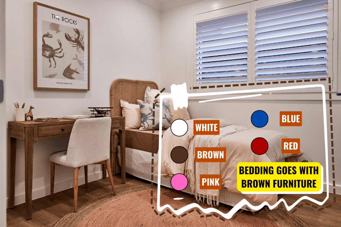 Interior photography of a suburban family home, a child or youth's bedroom with stylish rattan bed head and plantation shutters. - What Color Bedding Goes W