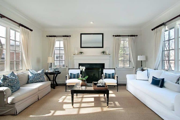 Living room in luxury home with carpet flooring, white and gray sofas, What Color Floors Go With White Walls?