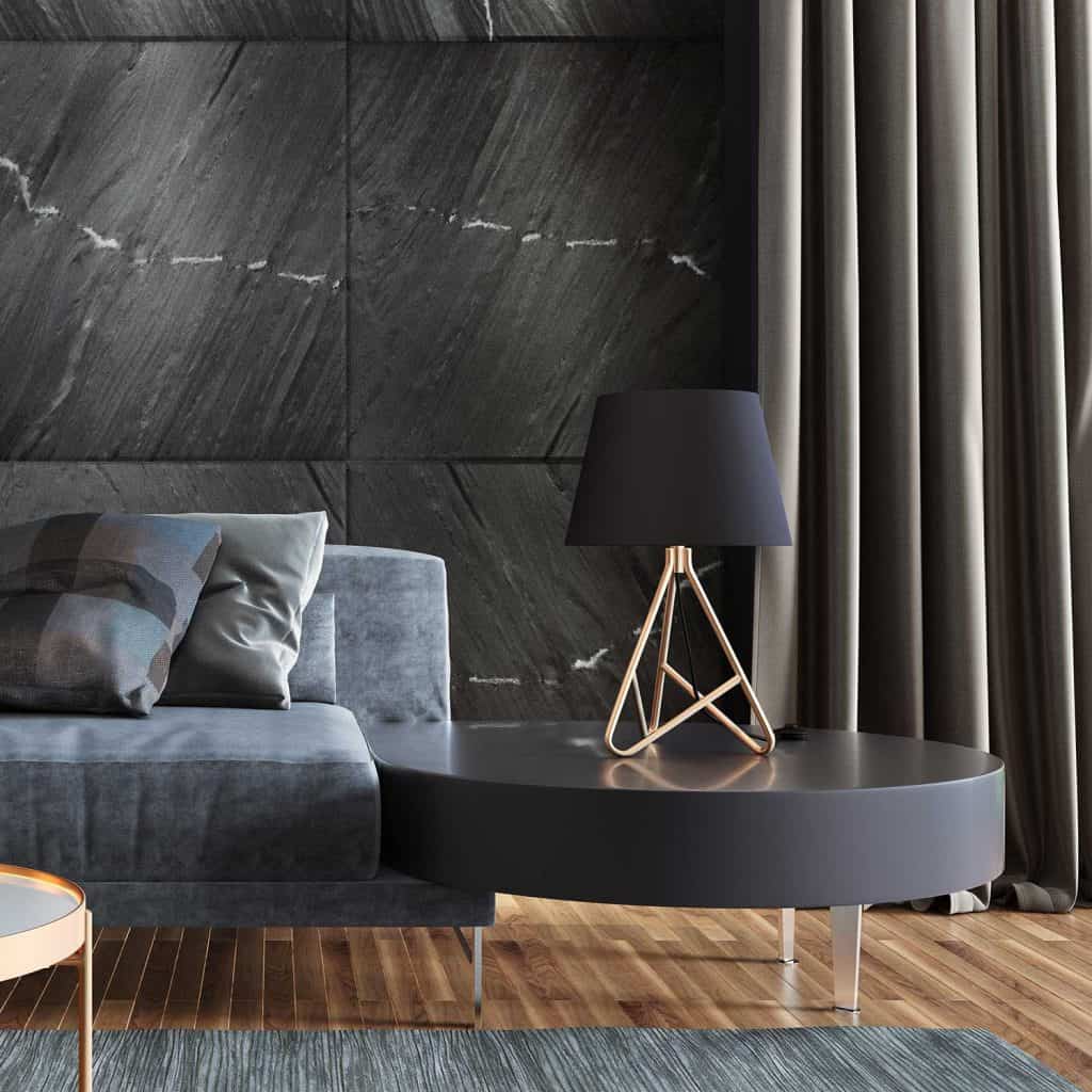 Luxurious apartment living room with natural black stone wall tiles