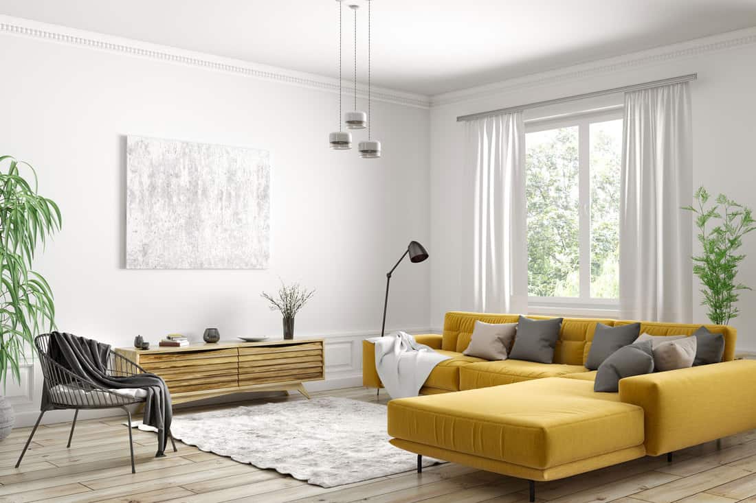 Modern interior design of Scandinavian apartment, living room with yellow sofa, sideboard and black armchair, 9 L-Shaped Sofa (Sectional) Living Room Layout Ideas