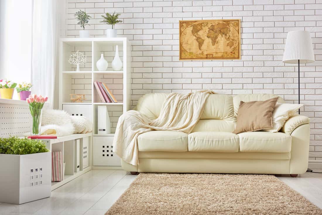 Small living room with a white wooden cabinet, brown rug, and a cream colored sofa