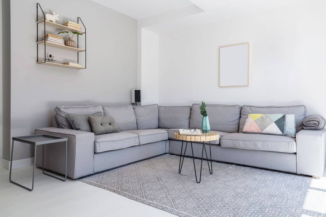 A small minimalist themed living room with a gray sectional sofa, gray rug and a small coffee table inside a white living room, What Size Rug Goes With A Sectional?