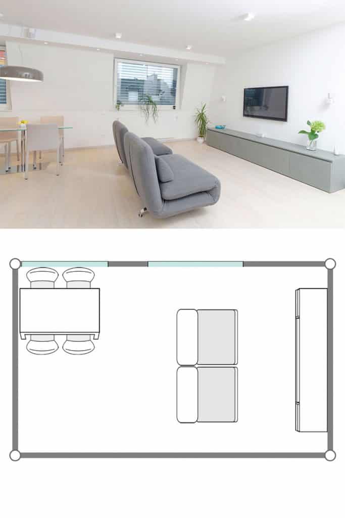 Petit salon moderne avec des murs peints en blanc, deux canapés gris orientés vers l'avant et une télévision avec un long meuble près du mur