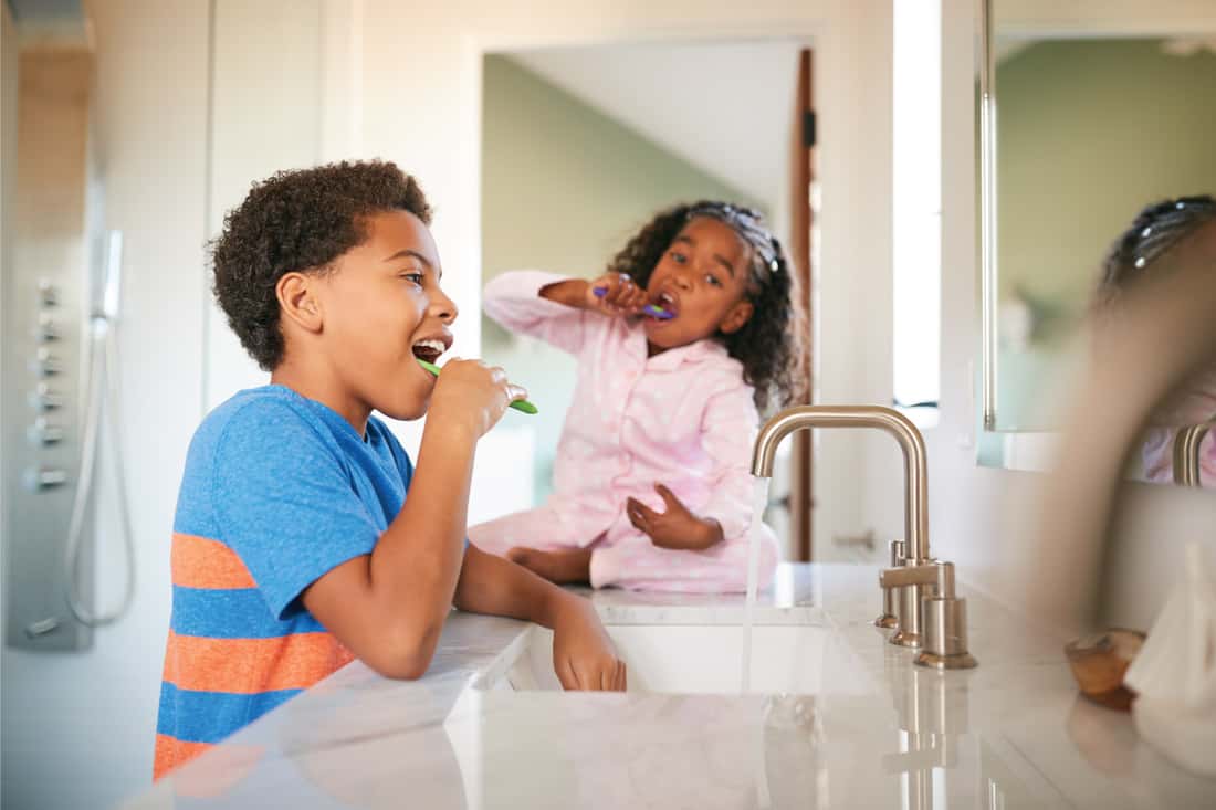 Two children brushing their teeth in bathroom at home