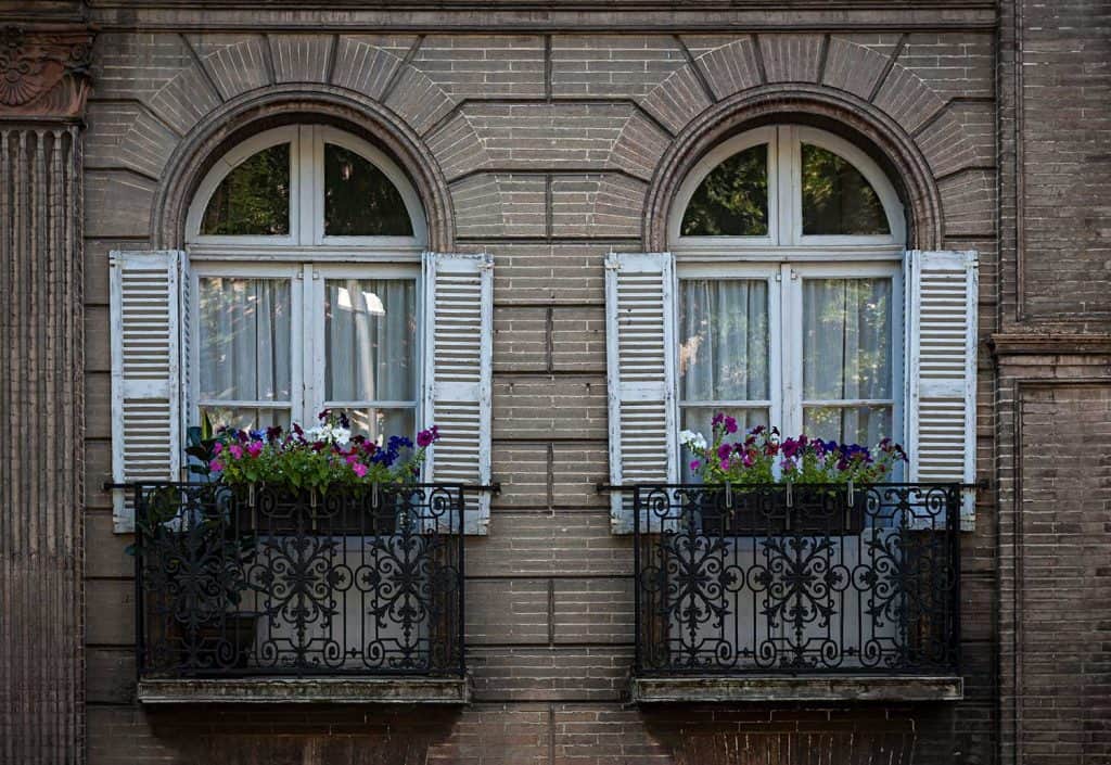 Two windows with shutters and wrought iron window boxes