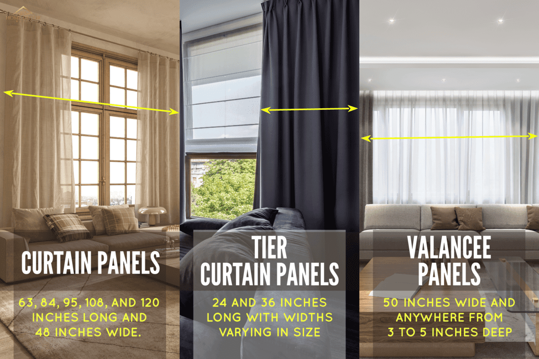 Collaged photo of different living rooms, What Are The Standard Curtain Panel Sizes? [Height and Width]