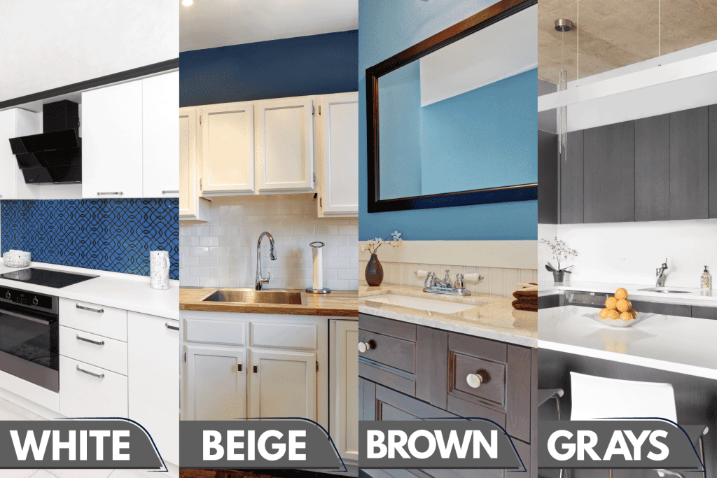 Collaged photo of different colors of cabinets, What Color Cabinets Go With Blue Walls?