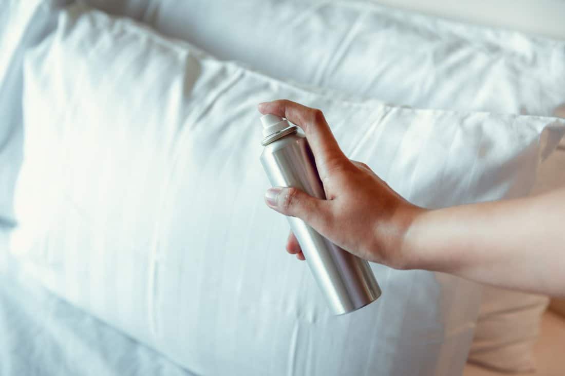 Woman Hand is Spraying Air Freshener into Pillow on Bedroom, Close-Up of Woman Hand is Holding Bottle of Air-Freshener Spray Container While Application into a Pillow Fabric. Home Hygienic and Care