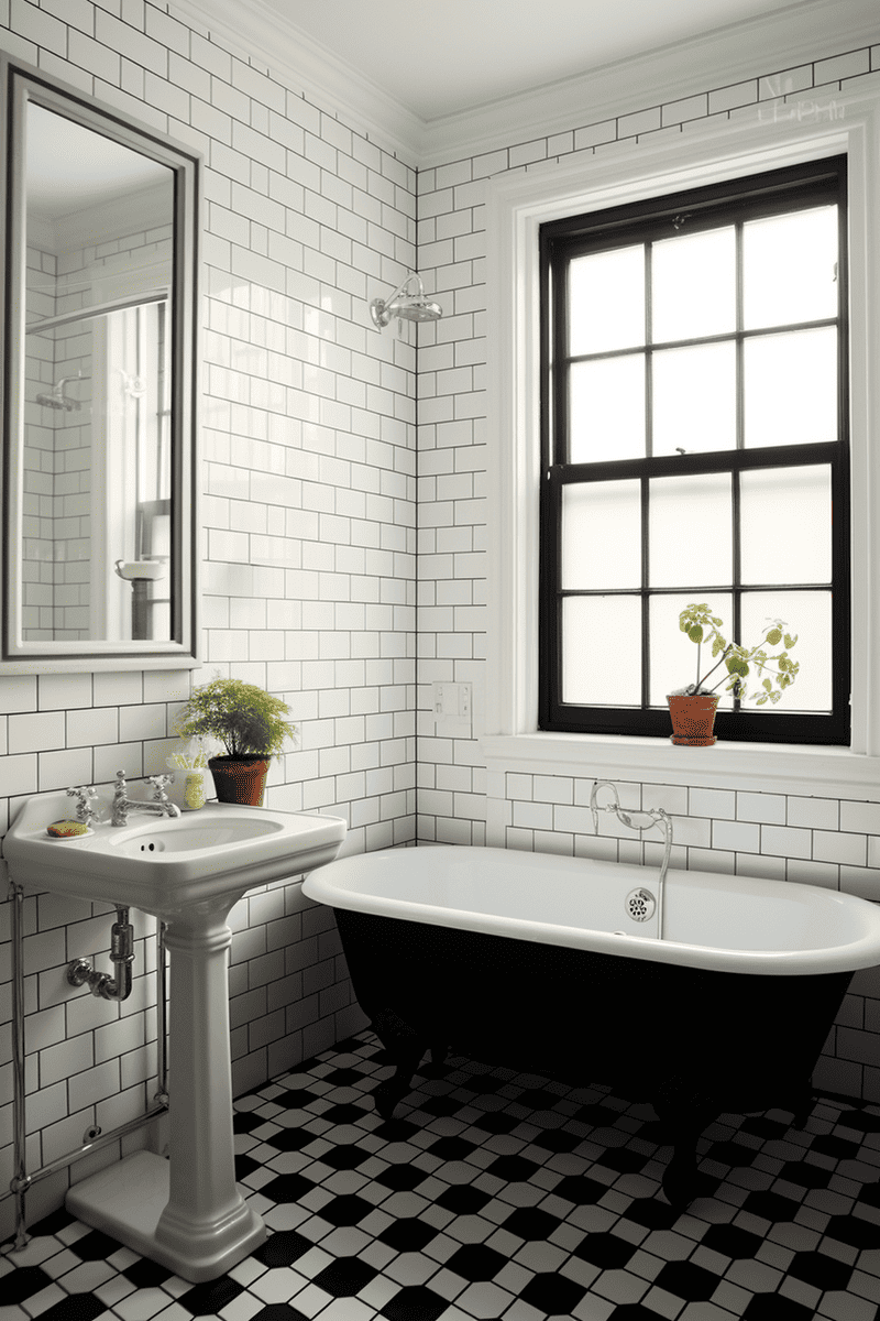a classic bathroom with a photorealistic view of black and white floor tile, a sleek black clawfoot tub, and subway tile wall treatment