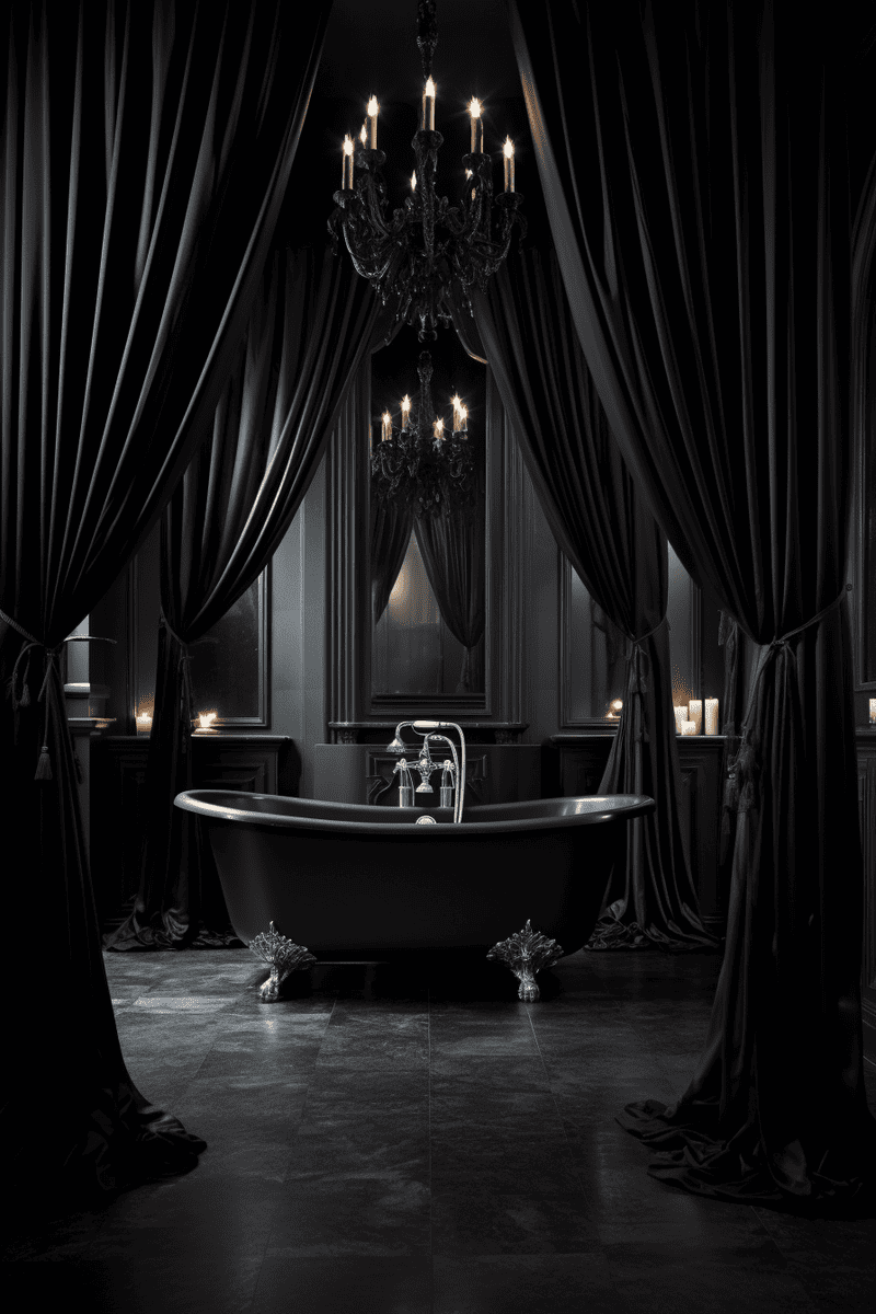 a gothic bathroom with a distinct melancholic ambiance featuring black drapes and a dark tub
