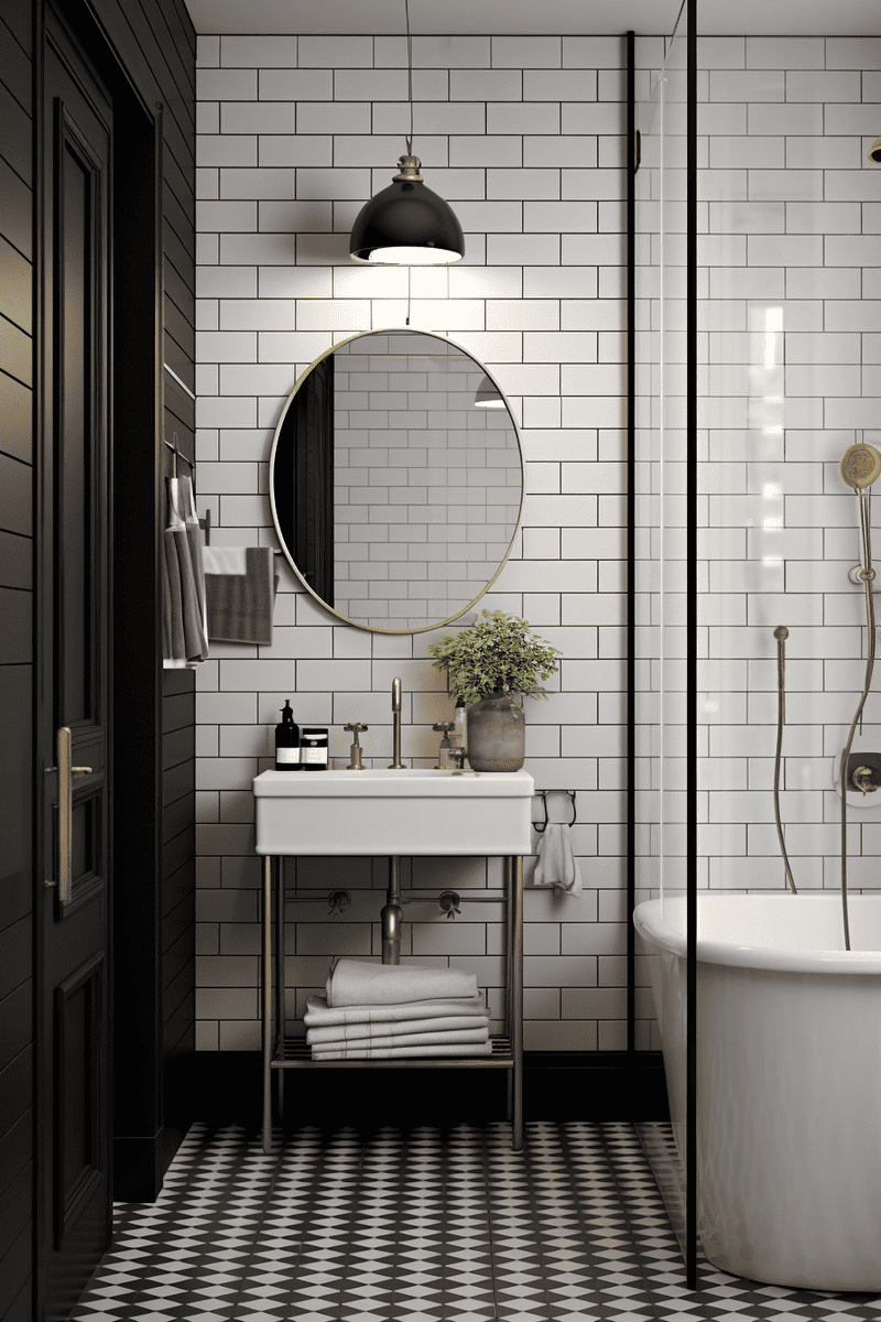 a hyperrealistic bathroom with a minimalist, industrial style shower featuring a single French-style door, hanging globe lighting, and brass hardware for sinks and the showerhead