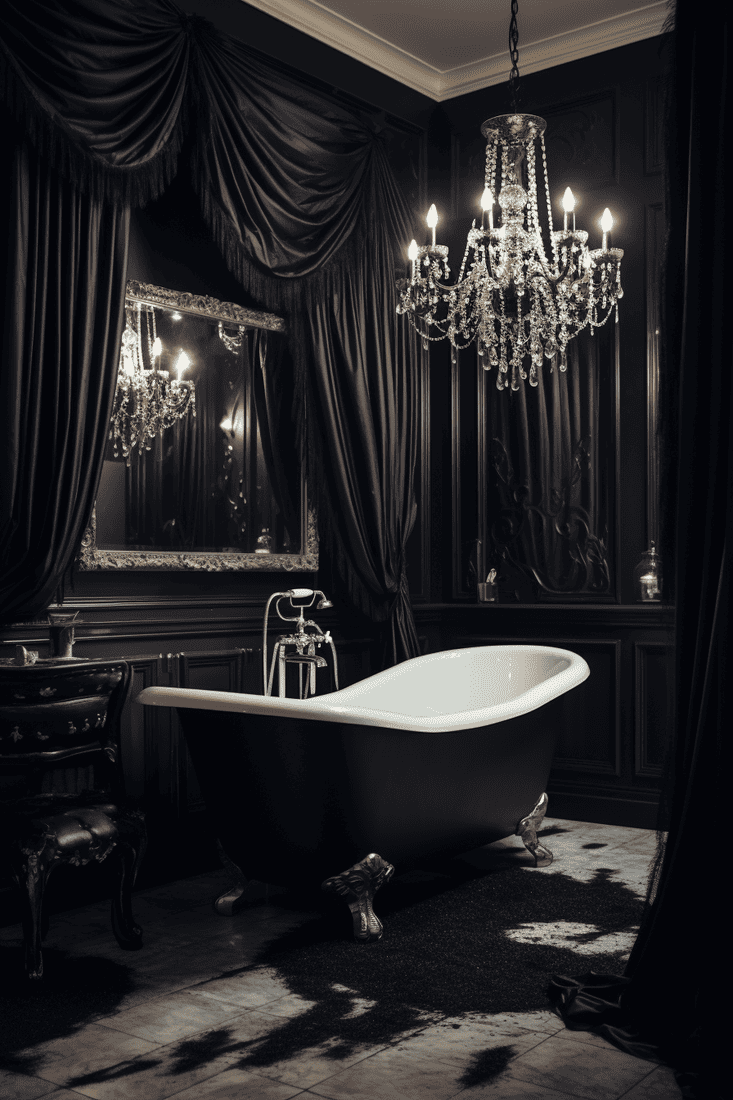 a hyperrealistic bathroom with black drapes, mirrored walls, and a dark tub for a melancholic atmosphere