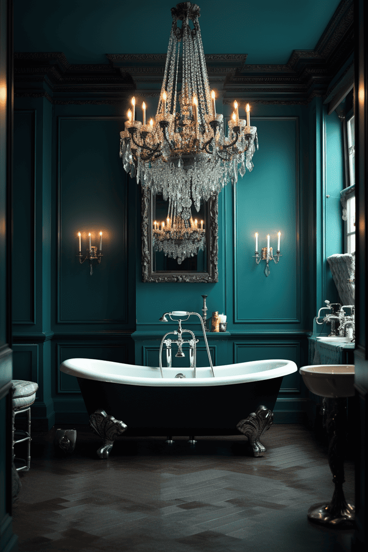 a hyperrealistic bathroom with brilliantly hued teal walls, stark furnishings, and an elegant chandelier