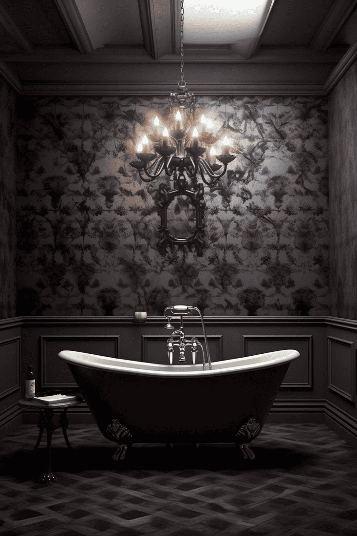 a hyperrealistic bathroom with damask-patterned wallpaper, a crystalline overhead light, and grey floor and ceiling.