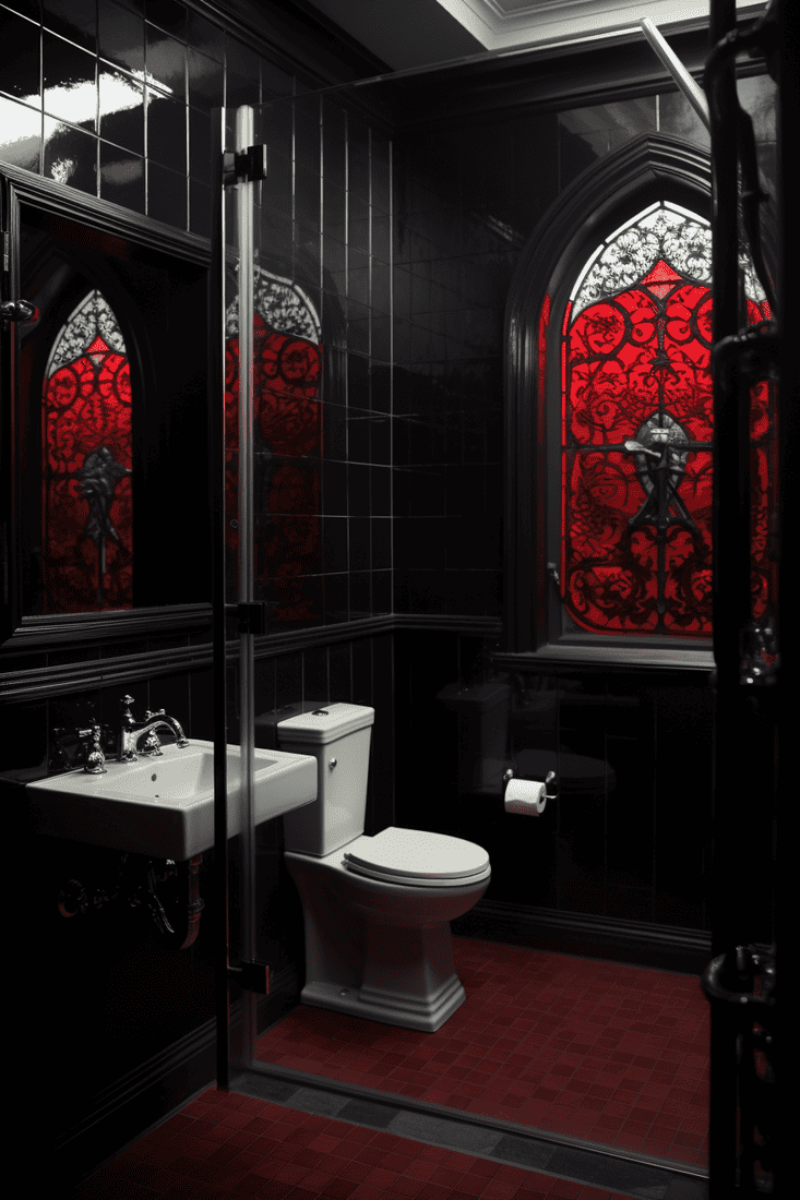 a hyperrealistic bathroom with white marble floor, a chandelier, candelabra, dark furnishings, and plush walls.