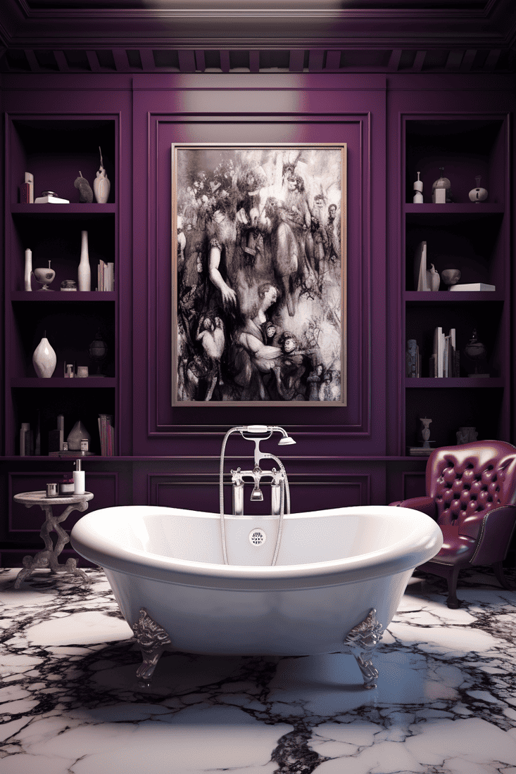 a hyperrealistic bathroom with white marble floors, a freestanding white tub, bold frames, and purple-brown walls