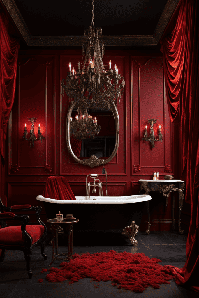 Produce a hyperrealistic luxurious red bathroom with draping, an antique-style mirror, and a harmonious mix of deep red and black. 