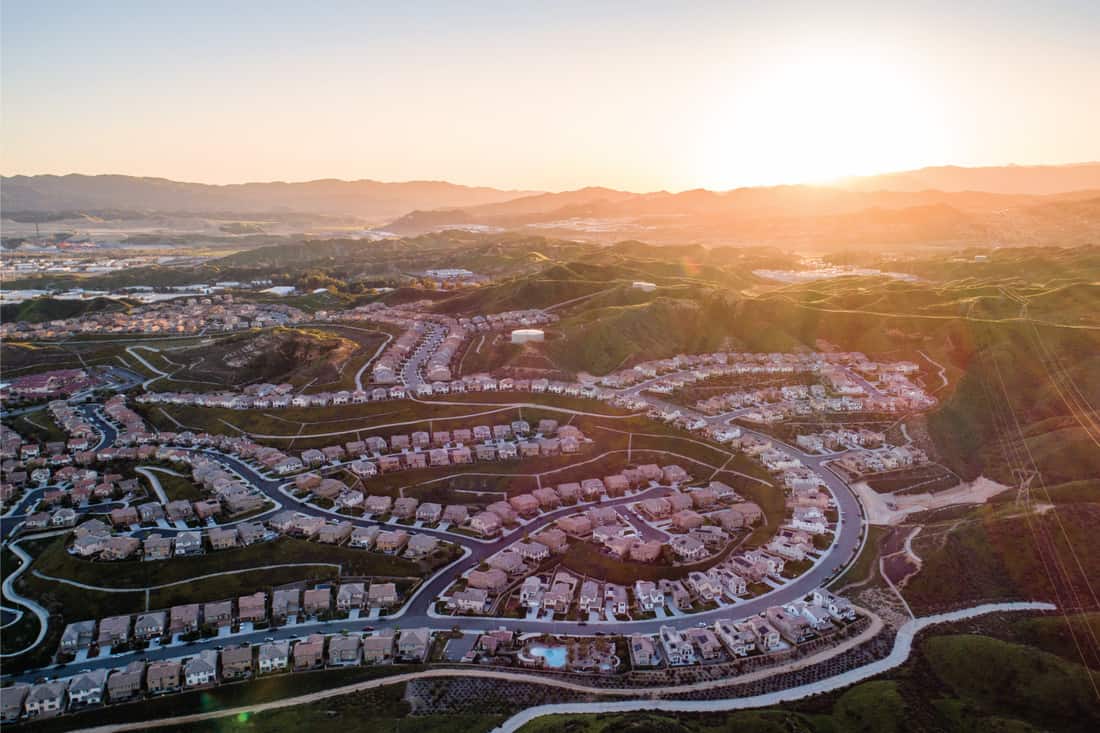 American suburb housing in the sunset