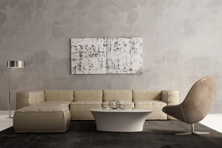 contemporary stylish living room interior with sofa, coffee table, side table floor light and rug. Featured, What Color Furniture Goes With Gray Walls?