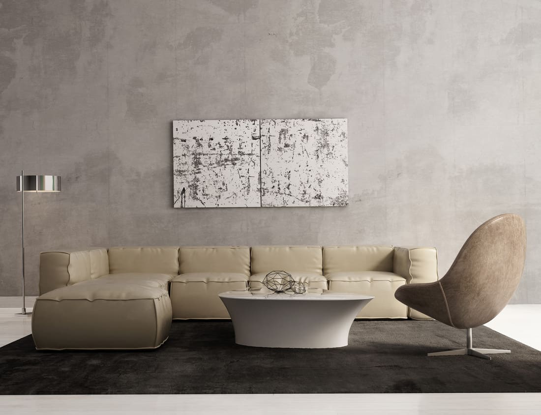 contemporary stylish living room interior with sofa, coffe table, side table floor light and rug.