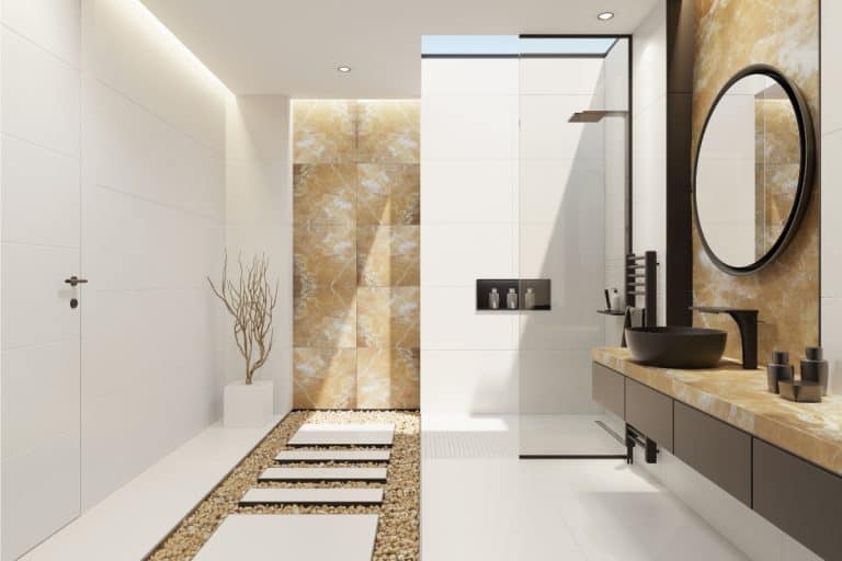 Gold onyx toilet and shower room with white matte ceramic tiles, How To Clean an Onyx Shower [6 Steps]