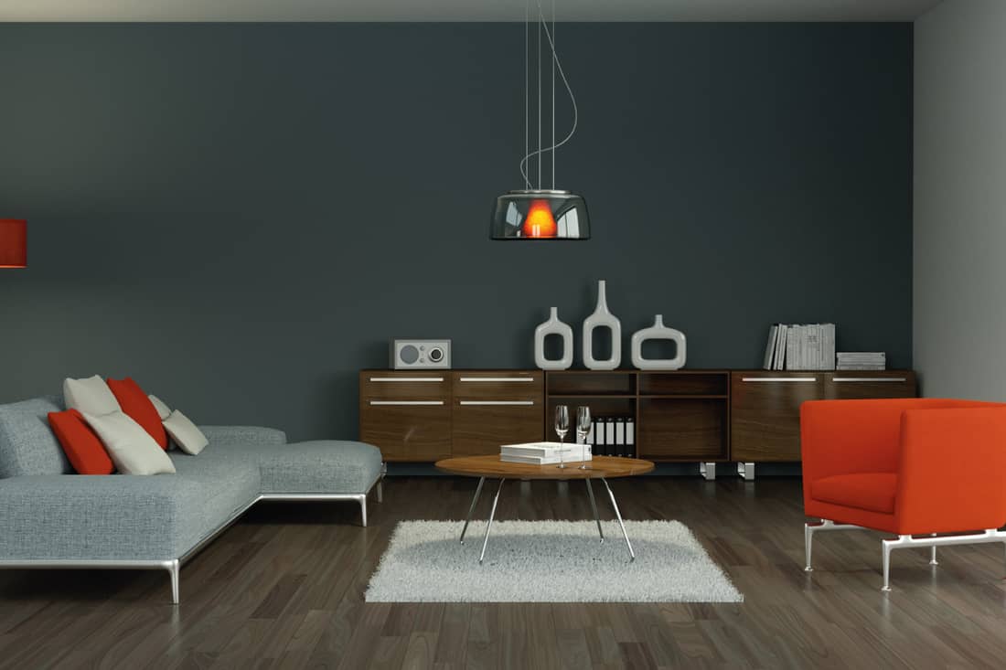 modern gray interior living room with orange and grey couch, What Color Couch Goes With Grey Walls